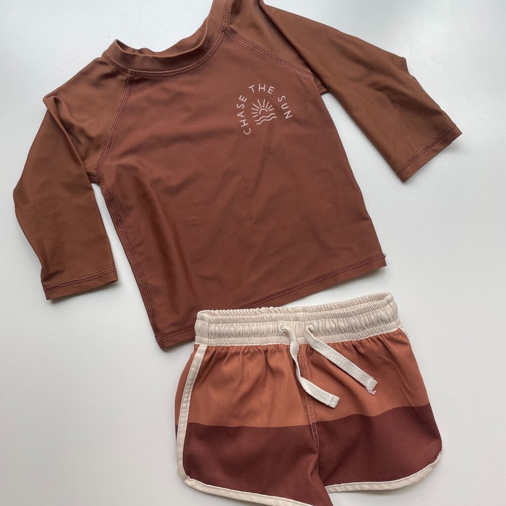Rylee + Cru Boys Retro Swim Trunk and Rashguard Set